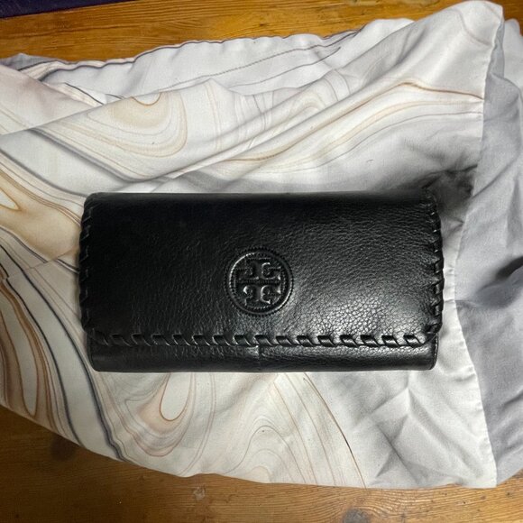 Tory Burch Black Pebbled Leather Continental Wallet with Whipstitch Trim - Picture 1 of 5